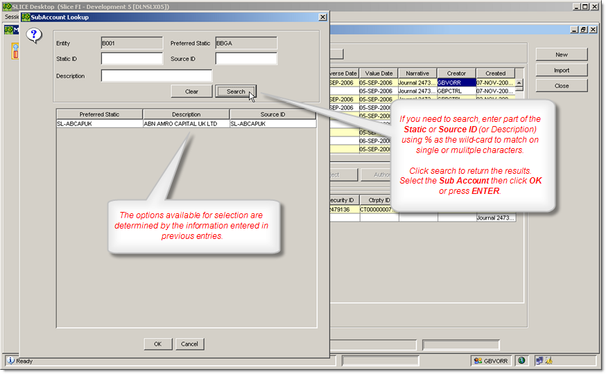 Sub Account Lookup Dialog